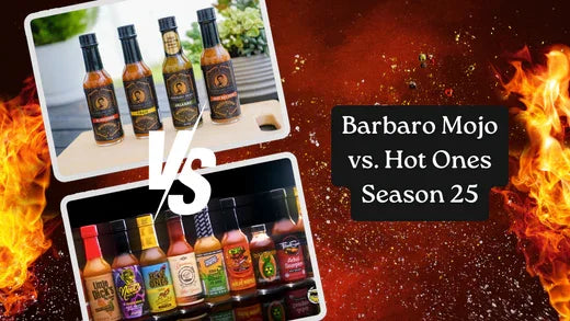 Graphic of four Barbaro Mojo bottles facing the Hot Ones Season 25 sauce lineup on a flame background
