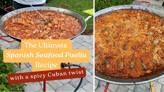 Large pan of seafood paella cooking outdoors, shown mid-cook and finished, with a banner reading The Ultimate Spanish Seafood Paella Recipe with a spicy Cuban twist