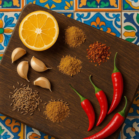 Wooden board with a halved sour orange, garlic cloves, cumin seeds, ground spices and red chiles on Cuban tile
