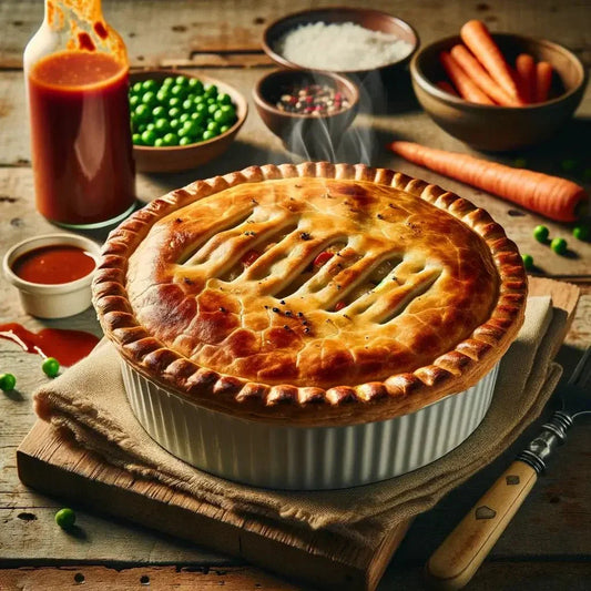 Golden-crusted Cuban chicken pot pie in a white baking dish with peas, carrots and a small bowl of hot sauce alongside