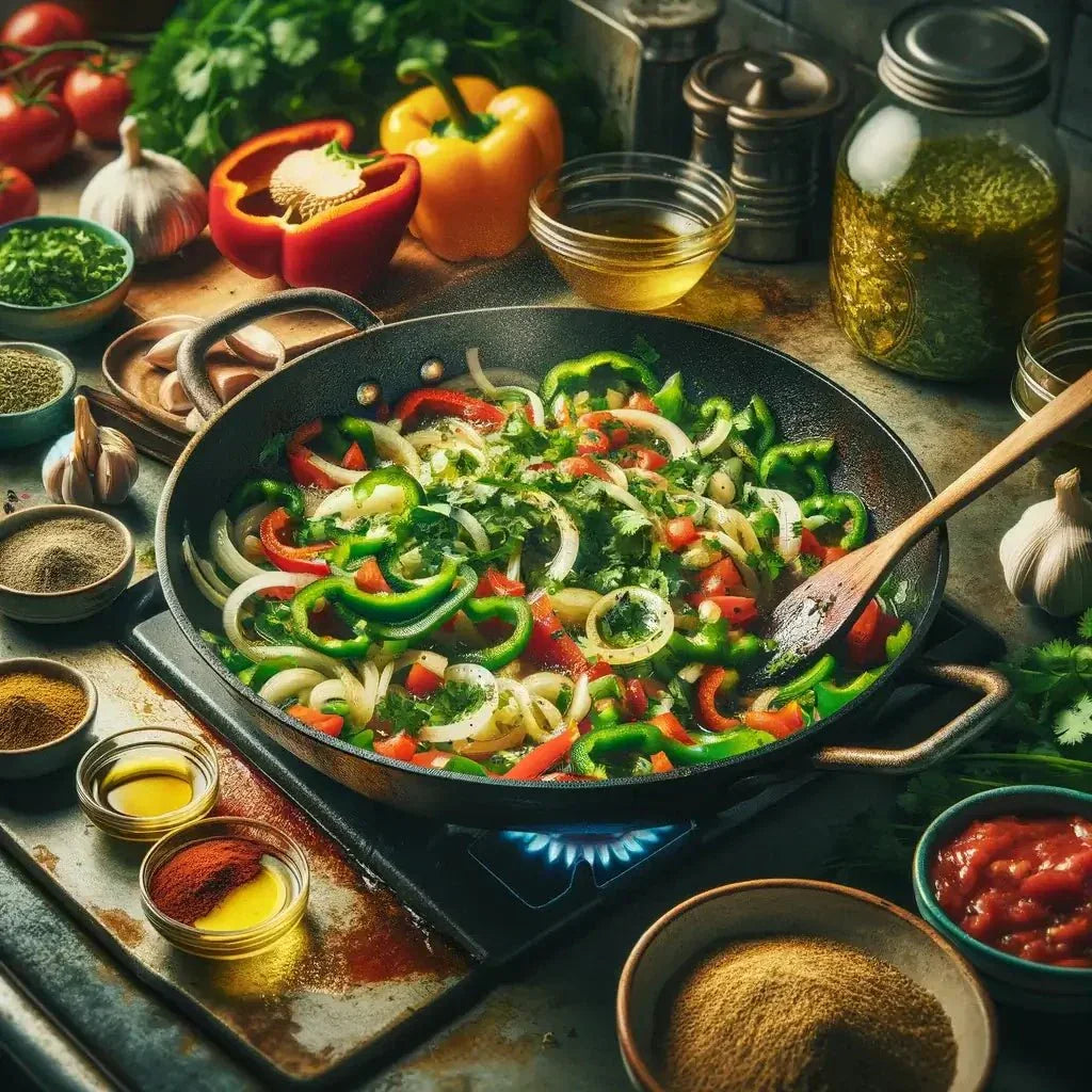 Skillet of Cuban sofrito, onions and green and red bell peppers sautéing, surrounded by garlic, herbs and bowls of spices