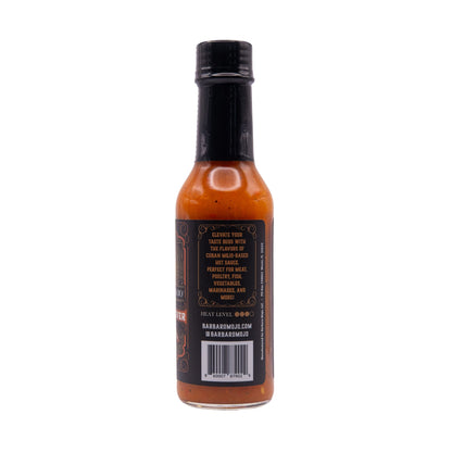 Back label of Barbaro Mojo Best Day Ever Cuban hot sauce with the heat level and barcode