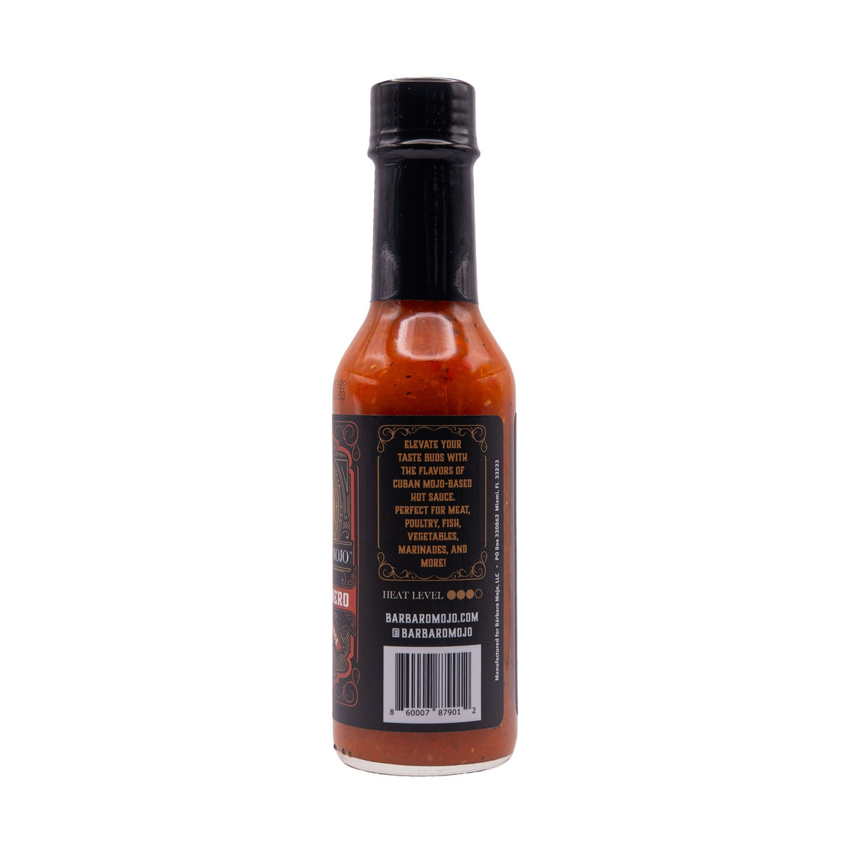 Back label of Barbaro Mojo El Havanero Cuban hot sauce with the heat level and barcode