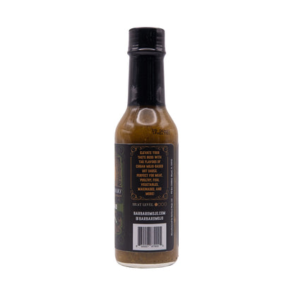 Back label of Barbaro Mojo Jalabáo Cuban hot sauce with the heat level and barcode