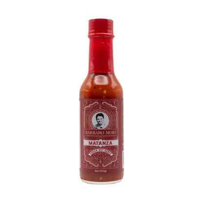 Bottle of Barbaro Mojo Matanza Cuban hot sauce, front label, on a white background